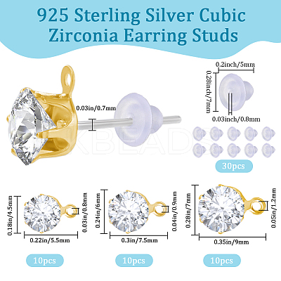 30Pcs Clear Cubic Zirconia Stud Earring Findings EJEW-BBC0002-09-1