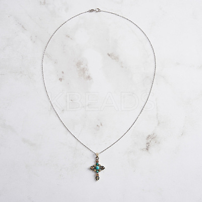 Natural Turquoise & Cubic Zirconia Cross Pendant Necklaces NJEW-L125-001ASP-1