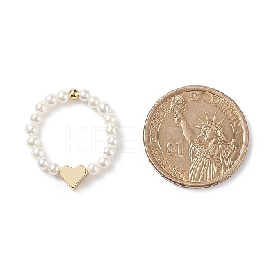 Shell Pearl & Brass Heart Beaded Stretch Rings for Women RJEW-TA00056-1