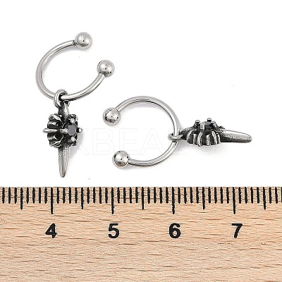 Flower 316 Surgical Stainless Steel & Black Glass Dangle Half Hoop Earrings for Women EJEW-G416-49AS-1