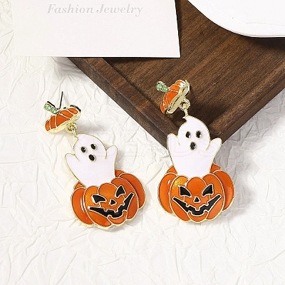 Ghost with Pumpkin Alloy Dangle Stud Earrings EJEW-Z142-142-1