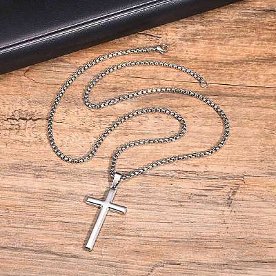 Men's Stainless Steel Cross Pendant Box Chain Necklaces PW-WGD1DFB-01-1