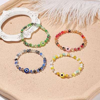 Glass & Resin Evil Eye Beaded Stretch Bracelet for Women BJEW-JB08599-1