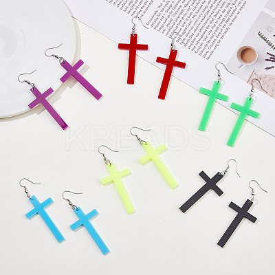 6 Pairs 6 Colors Acrylic Cross Dangle Earrings with Platinum Iron Pins for Woman EJEW-FI0003-25-1