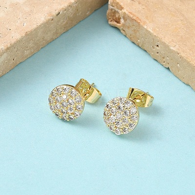 Round Brass Micro Pave Clear Cubic Zirconia Stud Earrings EJEW-Z144-15G-1