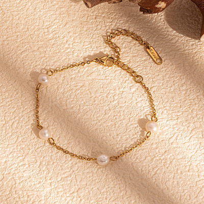 Simple and Elegant 304 Stainless Steel & Natural Freshwater Pearl Link Chain Bracelets & Necklaces Set for Women FO7311-1-1