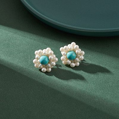 Synthetic Green Turquoise & Shell Pearl Braided Flower Stud Earrings EJEW-TA00161-1