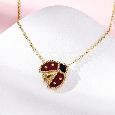 304 Stainless Steel Dark Red Enamel Ladybug Pendant Cable Chain Necklaces for Women NJEW-U032-07G-01-1