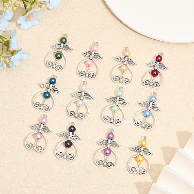12Pcs 12 Color Glass Pearl Beaded Pendants PALLOY-AB00007-1