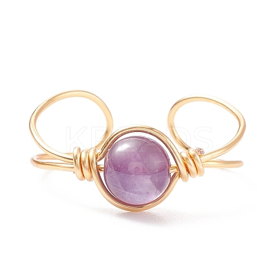 Natural Amethyst Round Beaded Open Cuff Ring RJEW-TA00041-02-1