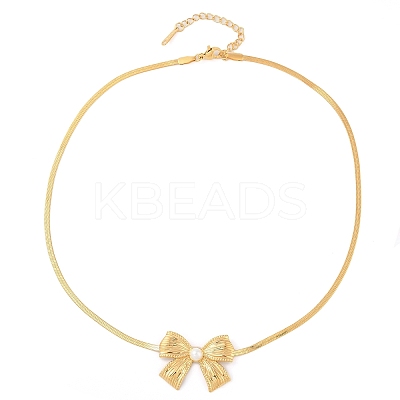 304 Stainless Steel Shell Pearl Flat Snake Chain Bowknot Pendant Necklaces NJEW-Z046-04G-1