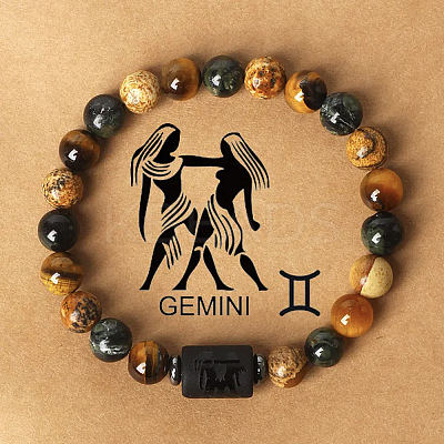 12 Constellations Natural Tiger Eye & Picture Jasper Round Beaded Stretch Bracelets for Men Women WG21EC3-09-1
