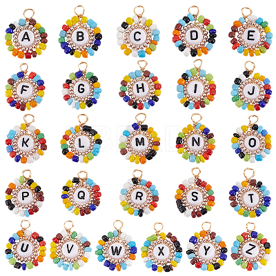 26Pcs 26 Styles Acrylic & Glass Seed Beaded Pendants PALLOY-GO00034-1