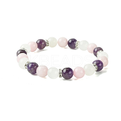 8.5mm Natural Rose Quartz & Quartz Crystal & Amethyst Round Beaded Stretch Bracelets for Women BJEW-JB10737-1