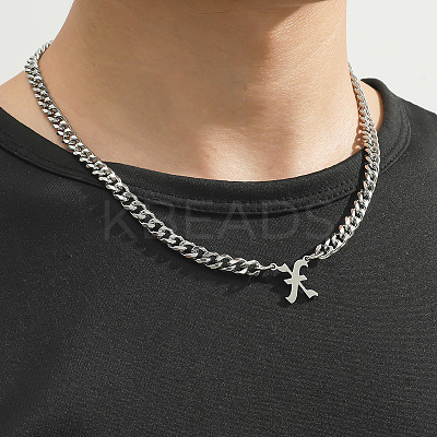 304 Stainless Steel Initial Pendant Cuban Link Chain Necklaces FS-WGB15F2-14-1