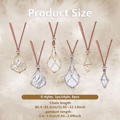 6Pcs 6 Styles Brass Bar Connected Macrame Pouch Empty Stone Holder Pendant Necklace Making NJEW-DC00005-1