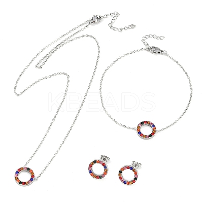 Ring 304 Stainless Steel Colorful Rhinestone Pendant Necklaces & Bracelets & Stud Earrings Sets for Women SJEW-C004-09P-02-1