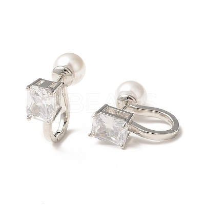 Glass Rectangle Hoop Earrings with ABS Pearl Beaded EJEW-C024-01P-06-1