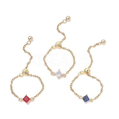 3Pcs Adjustable Brass Pave Glass Rhombus Links & 304 Stainless Steel Cable Chains Silder Finger Rings RJEW-JR00975-1