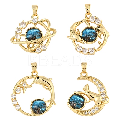 4Pcs 4 Styles Brass Micro Pave Clear Cubic Zirconia with Glass Pendants KK-YW0003-02-1