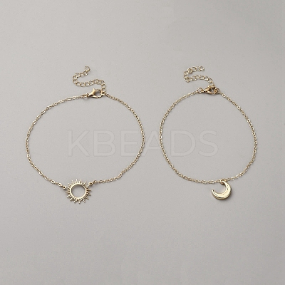 Brass Moon Sun Charm Couple Anklets Sets AJEW-WH0248-866-1