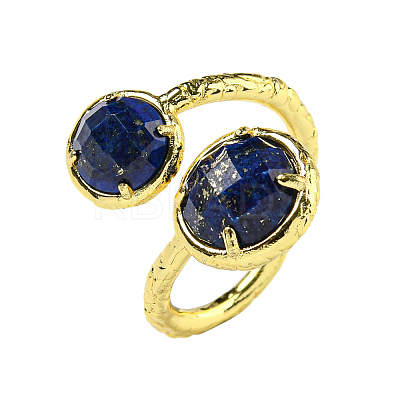 Round Natural Lapis Lazuli Open Cuff Rings RJEW-C087-02G-01-1