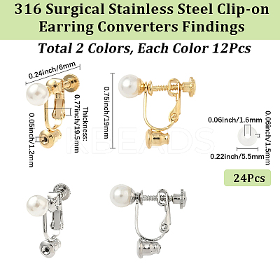 24Pcs 2 Colors 316 Surgical Stainless Steel Clip-on Earring Converters Findings STAS-SC0010-34B-1