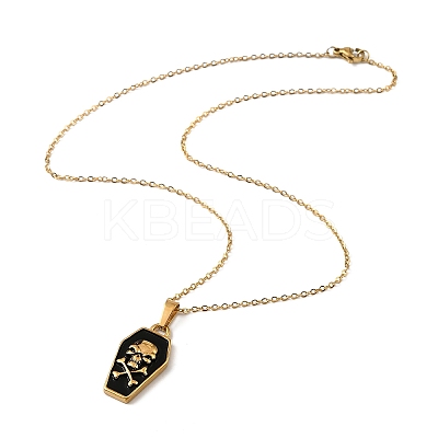 Halloween Theme 304 Stainless Steel Black Enamel Coffin with Skull Pendant Necklaces for Men NJEW-Z090-01G-1