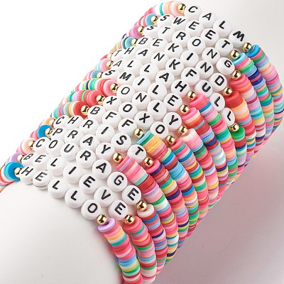 30Pcs 30 Style Polymer Clay Heishi Beaded Stretch Bracelets Set with Inspiration Word BJEW-JB07593-1