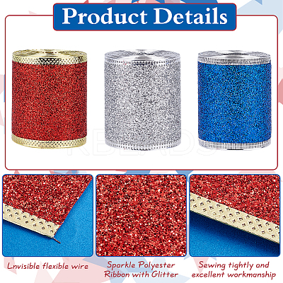 3 Rolls 3 Colors Sparkle Polyester Ribbon with Glitter Powder OCOR-PH0005-54-1