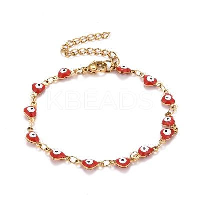 Enamel Heart with Evil Eye Link Chains Bracelet BJEW-P271-07G-1