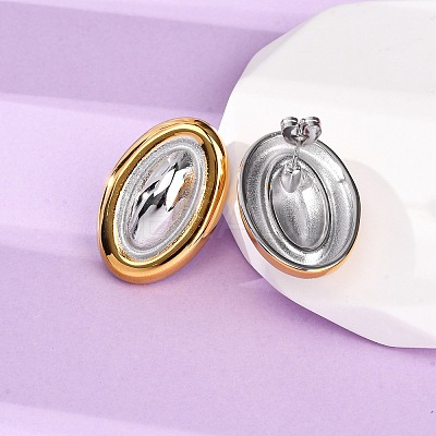304 Stainless Steel Two Tone Oval Stud Earrings for Women EJEW-A136-01A-GP-1