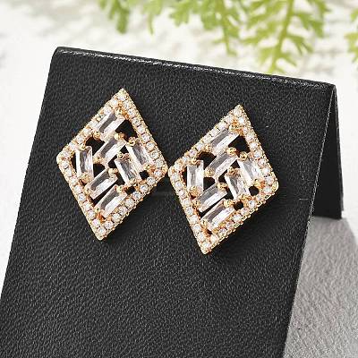 Rhombus Brass Micro Pave Clear Cubic Zirconia Stud Earrings for Women EJEW-G428-05G-1