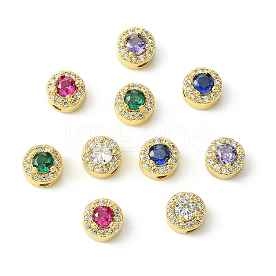 10Pcs 5 Colors Rack Plating Brass Micro Pave Cubic Zirconia Flat Round Beads KK-CJ0002-70-1