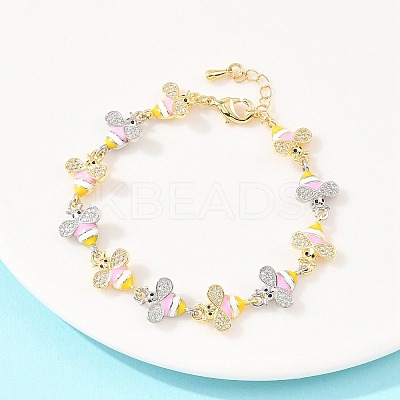 Bees Brass Micro Pave Clear Cubic Zirconia Link Chain Bracelets for Women BJEW-A148-01G-1