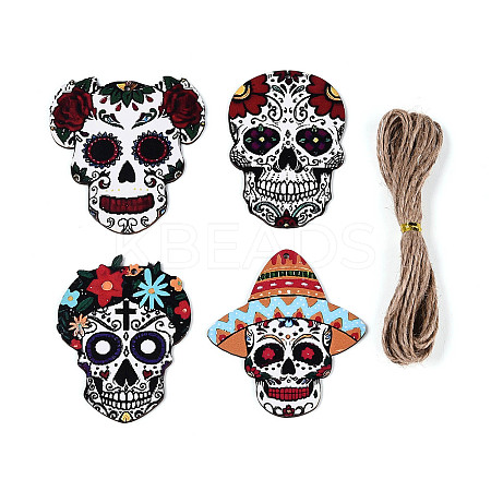 12Pcs UV Single Face Printed Wood Skull Pendant Decorations WOOD-N020-02-1