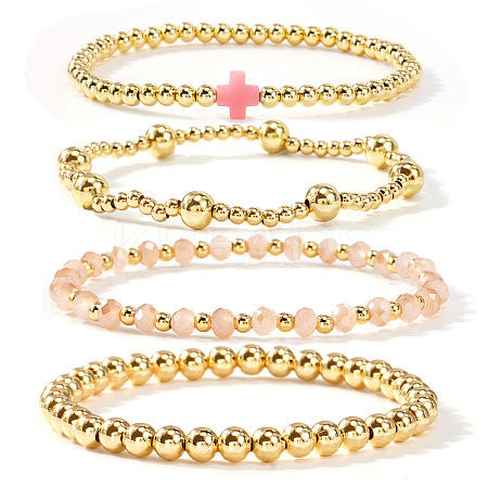 4Pcs Golden Brass & Glass Round Beaded Bracelet Sets XG4611-3-1