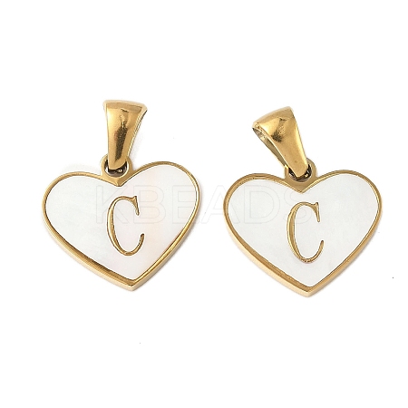 304 Stainless Steel Pave Natural White Shell Heart with Initial Slice Pendants STAS-R168-25G-C-1