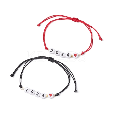 2Pcs 2 Color Heart with Word 2024 Acrylic Braided Bead Bracelets Set BJEW-JB09780-1