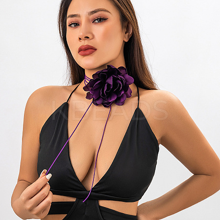 Retro Cloth Rose Flower Waxed Cord Wrap Choker Necklaces for Women WG01AE5-06-1