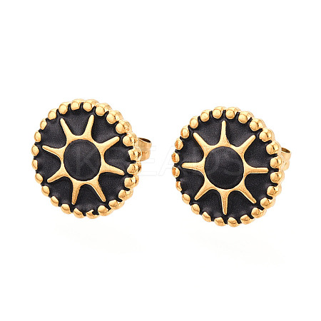 Flat Round with Sun 304 Stainless Steel Enamel Stud Earrings EJEW-T047-17G-A-1