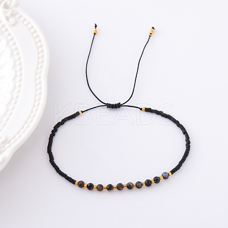 2mm Faceted Natural Dyed & Heated Black Agate Beaded Braided Adjustable Bracelets for Women PF2854-7-1