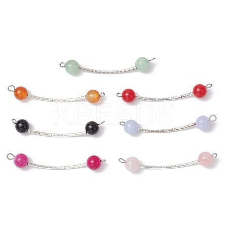 7Pcs 7 Styles Dyed Natural Quartz & Carnelian & Rose Quartz & Black Onyx & Malaysia Jade Round Beads Brass Tube Connector Charms PALLOY-JF03714-1