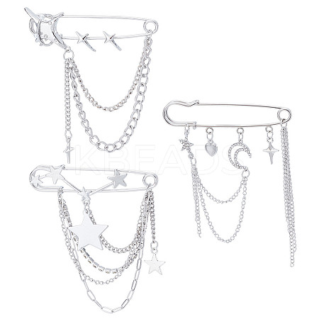 3Pcs 3 Styles Star & Moon Alloy Rhinestone Safety Pin JEWB-HY0001-46-1