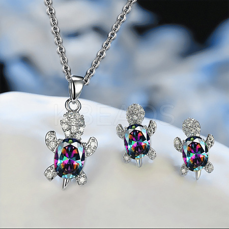 Tortoise Alloy Rhinestone & Glass Pendant Necklaces & Stud Earrings Sets FS-WG4B54D-05-1