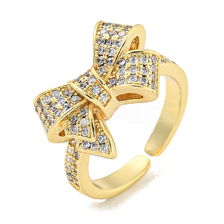 Brass Micro Pave Clear Cubic Zirconia Bowknot Open Cuff Ring for Women LS-RJEW-M173-04B-G-1