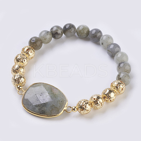 Electroplated Natural Lava Rock and Natural Frosted Amazonite Stretch Bracelets BJEW-P078-01D-1