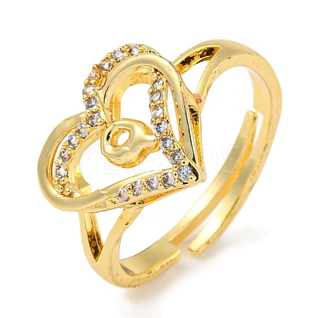 Heart with Letter Rack Plating Brass Micro Pave Clear Cubic Zirconia Adjustable Rings for Women RJEW-I105-01G-Q-1