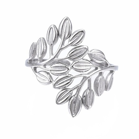 Non-Tarnish 304 Stainless Steel Leaf Open Cuff Ring RJEW-T023-56P-1