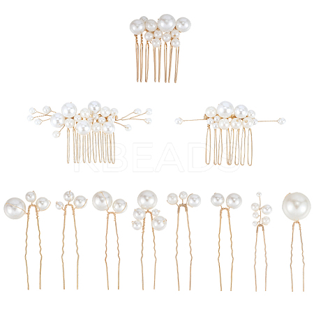 Copper Wire and ABS Imitation Pearl Hair Combs Sets for Women Girls OHAR-CY0001-20-1